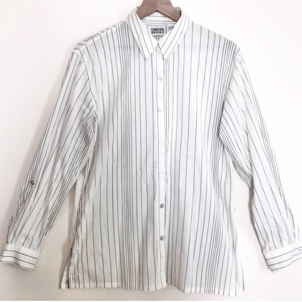 ♟️Chico’s White w/Black Pinstripes Lightweight Long Sleeves Button Down Shirt M